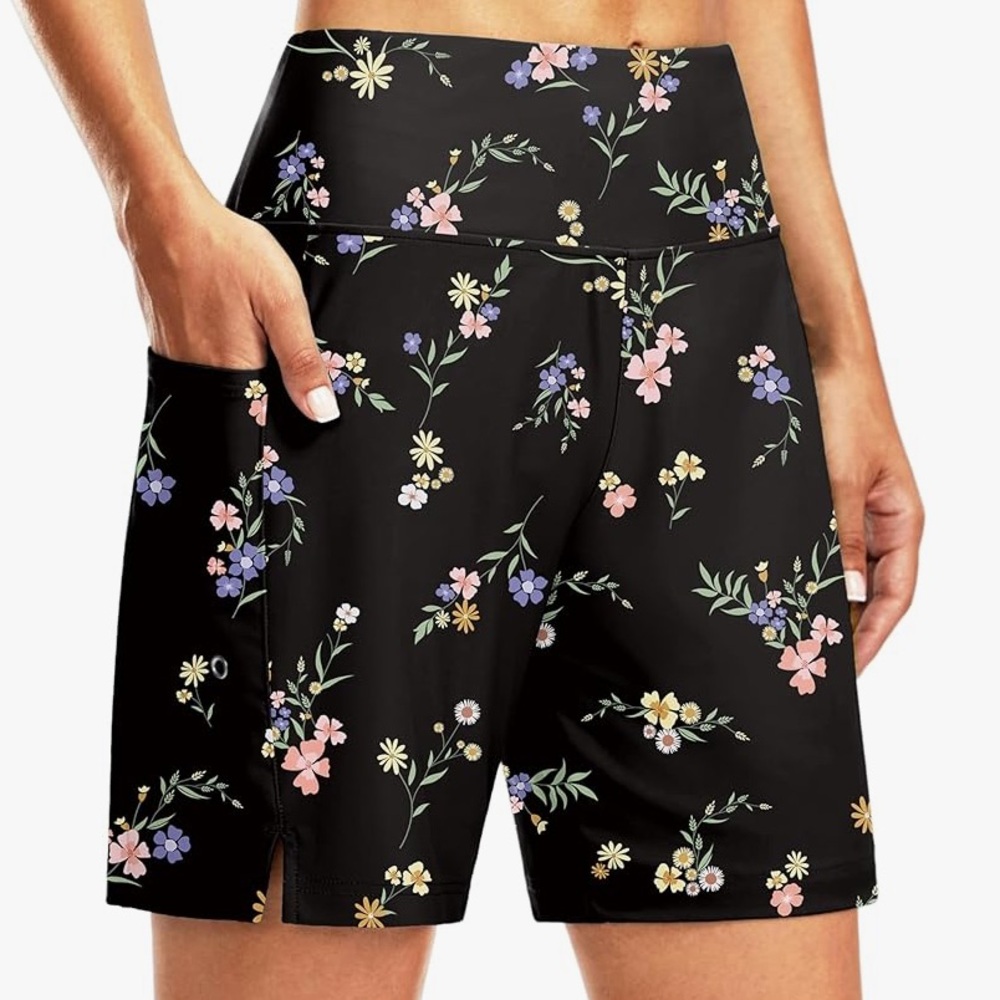 Floral Black Women's Swim Short 7” Inseam
